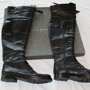 VIA SPIGA Black Leather Over the Knee with Zipper NWOT Size 8 1/2